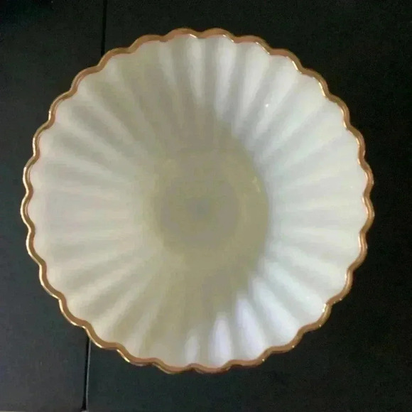 Anchor Hocking Milk Glass Bowl, Gold Scalloped Edge, Star Base, 11" - Picture 1 of 6